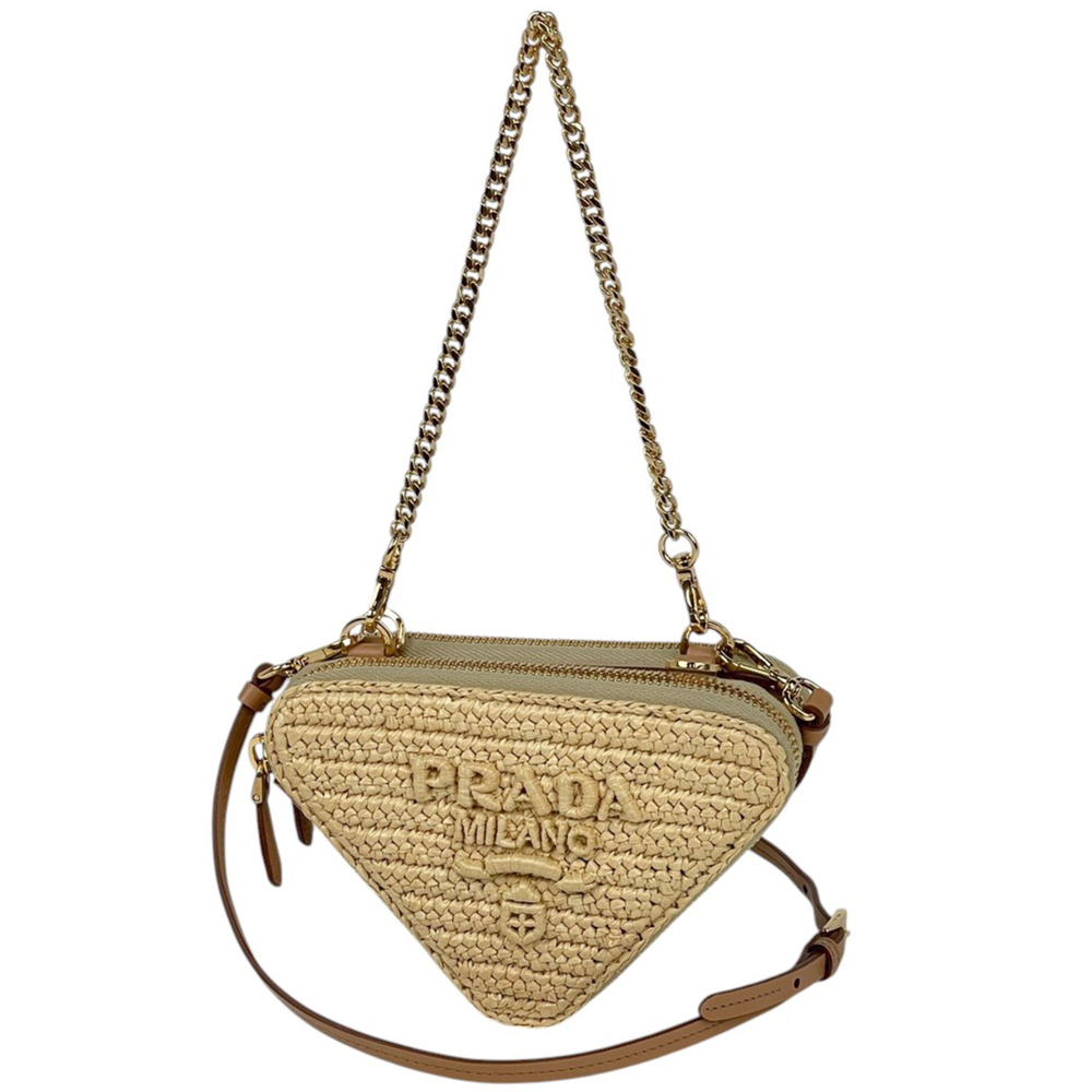 Prada Crochet Triangle 3-Way Raffia Bag, Natural Brown, 1nr015, Women's